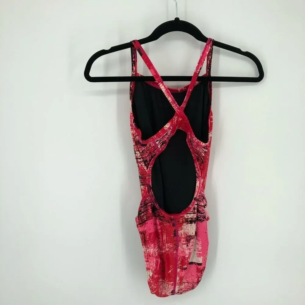 Speedo One Piece‎ Swim Suit Womens 8 Red Artsy Abstract Powerflex Eco Splatter